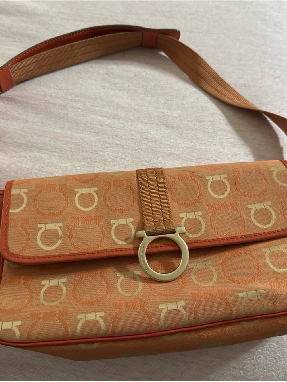 Salvatore Ferragamo Orange Monogram Shoulder Bag with Gold Ring